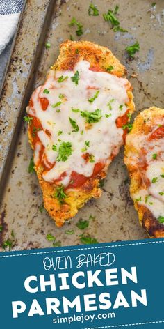 baked chicken parmesan on a baking sheet with the words baked chicken parmesan