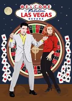 two people standing in front of a rouleet wheel with the words welcome to las vegas