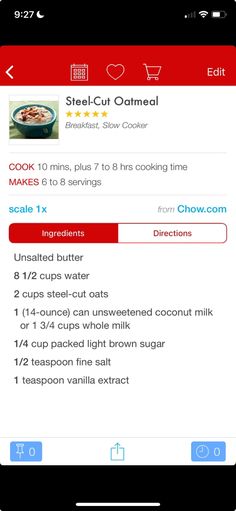 an iphone screen showing the menu for steak cut oatmeal, which includes ingredients and instructions