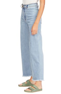 High-rise trouser jeans are ready for a stroll by the beach in light-wash, low-stretch denim with frayed hems and an easygoing wide-leg silhouette. Zip fly with button closure Back patch pockets 98% cotton, 2% elastane Machine wash, tumble dry Imported Women's Clothing