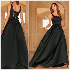 New Princess Seamed Square Neck Lace Up Ball Gown Dress * Sleeveless * Princess Square Neck * High Waist * Back Corset Like Lace Up Tie Detail * Pleated Waist Full Length Skirt *Approximate Unstretched Measurements* Xs (2) * Bust 32"(Up To 34") * Waist 25.25"(Up To 26") * Length 61.25" Small (4) * Bust 34"(Up To 35.25") * Waist 27.2"(Up To 27.5") * Length 61.75" Medium (6) * Bust 35.75"(Up To 37") * Waist 29"(Up To 29") * Length 62.25" Large (8/10) * Bust 37.75"(Up To 39.5") * Waist 31"(Up To 31 Black Classy Formal Dress, Black Sleeveless Prom Gown, Black Sleeveless Gown For Banquet, Sleeveless Gown With Corset Back For Evening, Sleeveless Corset Back Gown For Evening, Black Satin Sleeveless Gown, Black Sleeveless Satin Gown, Black Sleeveless Gown With Corset Back, Sleeveless Satin Maxi Dress With Corset Back