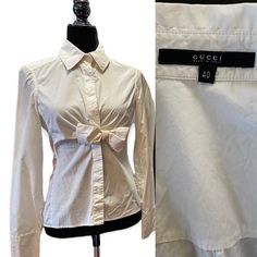 In great vintage condition. Measurements in listing. Elegant White Shirt With Bow Detail, Designer Cotton Button-up Blouse, Designer Cotton Blouse For Fall, Designer Cotton Tops For Office, Classic White Tops With Bow, White Fall Blouse With Bow, Classic White Blouse With Bow, Chic Long Sleeve Shirt With Bow, Fitted Cotton Top With Bow