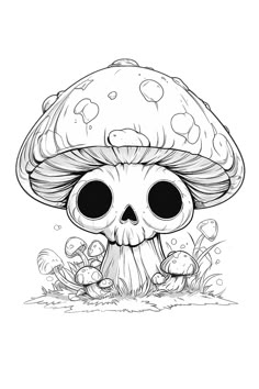 a black and white drawing of a mushroom with skulls on it's head, sitting in