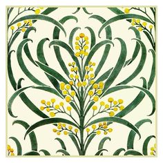 an art nouveau style wallpaper with yellow and green flowers on white background framed print