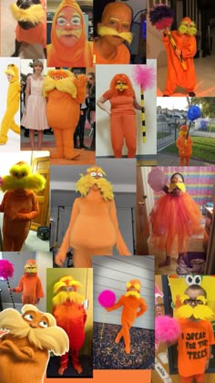 many different pictures of people dressed in costumes and wigs, including one wearing an orange costume