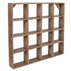 a wooden shelf with several shelves on each side