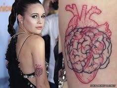 a woman with a tattoo on her arm next to a drawing of a human heart