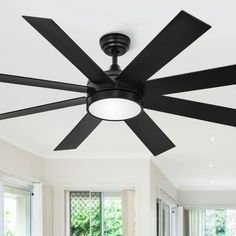 a black ceiling fan in a white room