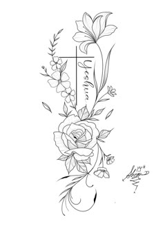 a cross with flowers and leaves on it, as well as the word faith written in cursive writing