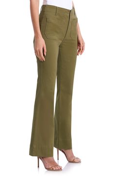 Twin patch pockets lend workwear-inspired style to kicky flared pants cut from stretch-kissed cotton for all-day comfort. 31 1/2" inseam; 21" leg opening; 14 1/2" front rise; 16" back rise Zip fly with button closure Front patch pockets; back patch pockets 97% cotton, 3% spandex Machine wash, tumble dry Imported Cotton Wide-leg Flare Jeans For Work, Mid-rise Flare Jeans With Patch Pockets For Work, Workwear Flare Jeans With Welt Pockets, Fitted Flare Jeans With Pockets For Work, Wide-leg Flare Jeans With Welt Pockets, Mid-rise Wide Leg Cotton Pants With Patch Pockets, Cropped Leg Cotton Flare Jeans With Patch Pockets, Mid-rise Cotton Wide Leg Workwear Pants, Mid-rise Cotton Wide Leg Pants For Work