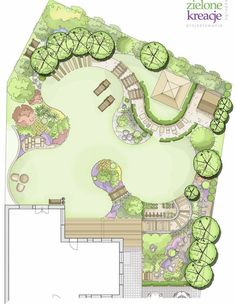 an aerial view of a garden with lots of trees and plants in the ground plan