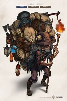 an image of a man with many items on his back