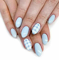 Nails Inspiration Checkered, Check Nails Designs, Checkered Nail Designs Short, Short Almond Nails Checkered, Fun Nail Designs Blue, Pink And Blue Checkered Nails, Short Nails Checkered, Baby Blue Checkered Nails, Royal Blue Checkered Nails