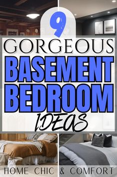 the bedroom is decorated in blue and grey with text that reads gorgeous basement bedroom decor ideas