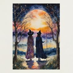 watercolor painting of two witches walking in front of a full moon with trees on either side