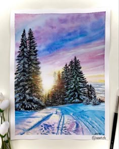 a painting of snow covered trees on a snowy road with the sun setting in the distance