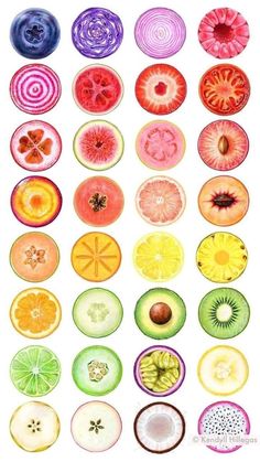 an assortment of different fruits and vegetables cut in half to look like they have been sliced into