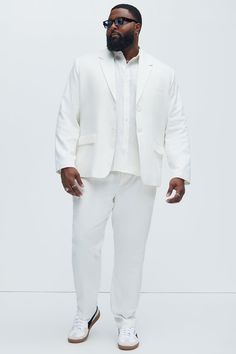 Available In White. Button Closure Pointed Lapels Front Pockets Pair With "Bahamas Linen Suit Trousers" Shell: 55% Linen 45% Cotton Lining: 100% Polyester Imported | Mens Bahamas Linen Suit Jacket in White size Large by Fashion Nova White Long Sleeve Blazer With Buttoned Pockets, White Blazer With Suit Collar And Pockets, Summer Tailored Button-up Blazer, Summer Blazer With Hidden Button Closure, White Blazer With Buttoned Pockets For Spring, White Summer Blazer With Buttons, Summer White Blazer With Buttons, Tailored Button-up Summer Outerwear, White Button-up Outerwear With Welt Pockets