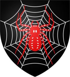 a red spider sitting on top of a web covered in black and white lines,