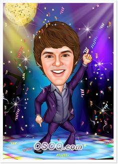 a caricature of a man in a suit and tie dancing on stage with confetti