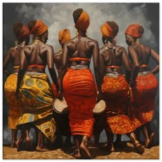 a painting of four african women in orange dresses and head wraps, with their backs turned to the camera