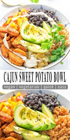 two plates filled with different types of food and the words cajun sweet potato rice bowl