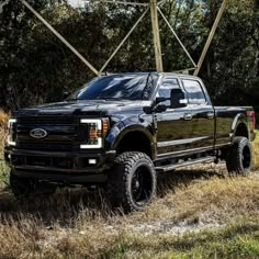 a black pickup truck parked on top of a dry grass field next to some trees