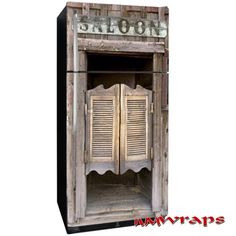 an old fashioned wooden cabinet with shutters on the front and side doors open to let light in