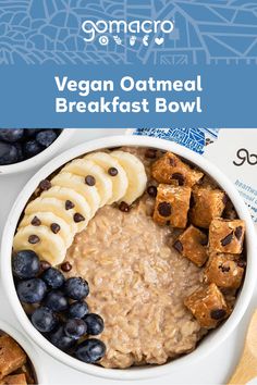 vegan oatmeal breakfast bowl with bananas and blueberries