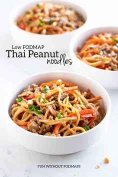 three white bowls filled with noodles and meat