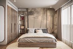 a bedroom with a large bed in front of a painting on the wall and wooden flooring