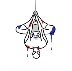 a drawing of a person hanging upside down with blood dripping all over the floor below