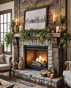 a living room filled with furniture and a fire place covered in greenery next to a fireplace