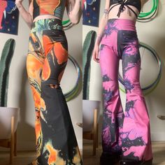 "MADE TO ORDER! To order select your desired pattern and closest letter size from the options. For a truly perfect pair of pants include your measurements in the notes or message me. Since these are handmade, I can make them in any size! (Inseam, waist, hip, thigh measurements needed!) These super funky flares/bell bottoms are available in a selection of originally designed fabrics by me and others sourced from independent artists. They have a fold-over waistband that is flattering for all sizes Funky Bell Bottoms, Spring Casual Bottoms With Pattern Prints, Casual Spring Bottoms With Pattern Prints, Casual All Over Print Spring Bottoms, Multicolor Graphic Print Pants For Spring, Casual Multicolor Print Long Pants, Stretch Cotton Bottoms With Graphic Print, Multicolor Wide Leg Bottoms With Graphic Print, Fitted Pants With Graphic Print For Spring