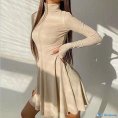 Orcajump - Knitted High Neck Solid Color Slim Fit Short Skirt Long Sleeve Dress Khaki Dress, Skirt Long, Slim Fit Shorts, Skirt Type, Types Of Skirts, Short Skirt, Types Of Collars, Workout Shorts, Long Skirt