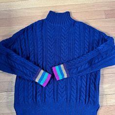 Boden Navy Women’s Sweater. Size M. Wool Mix. Rainbow Cuff Nwot. Fitted Blue Sweater With Ribbed Cuffs, Blue Winter Sweater With Striped Cuffs, Cozy Blue Wool Sweater, Winter Navy Textured Knit Sweater, Cozy Blue Merino Wool Sweater, Cozy Blue Color Block Sweater, Navy Cotton Textured Knit Sweater, Boden Women, Crew Neck Cardigan