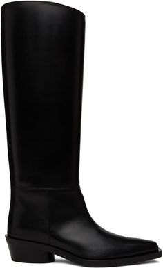 Knee-high buffed leather boots in black. · Pointed square toe · Buffed leather lining · Stacked leather block heel with rubber injection · Leather sole · Heel: H1.5 in Supplier color: Black Black Bronco, Black Block Heels, Leather Block Heels, Boots Knee, Tall Boots, Proenza Schouler, Luxury Streetwear, Knee High Boots, Black Boots