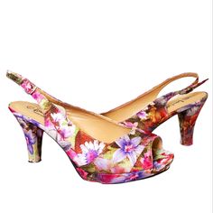 Lena Luisa Women's Purple Floral, Adjustable Slingback, Peep-Toe Platform Heels. Condition: Nwot; Minimal Sole Scuffing From In-Store Try-On. (See Pics) Spring Slingback Heels With 4-inch Heel, Purple High Heel Slingback Pumps, Purple High Heel Slingback Pumps With Heel Strap, Pink High Heel Slingback Sandals With Removable Insole, Purple High Heel Slingback Pumps For Spring, Purple High Heel Slingback Pumps For Formal Occasions, Purple Slingback Pumps For Spring, Spring Purple Slingback Pumps With Heel Strap, Summer Purple Slingback Heels