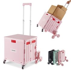 a pink cart with two boxes on it and three other carts in different colors are shown