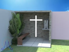 a white cross is on the wall next to a bench and potted palm tree