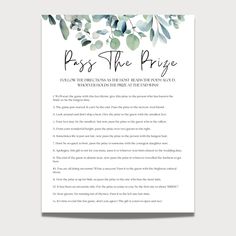 a page from the book pass the prize, with eucalyptus leaves and text on it