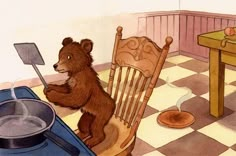 a brown bear sitting on top of a wooden chair next to a frying pan