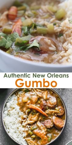 two pictures with different types of food in them and the words authentic new orleans gumbo