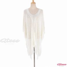 Qteee - Knitted Hollow Edge Beach Cover-up: Perfect Swimwear Outer Layer for Beachside Vacations and Sun Protection Beige Summer Beach Sweater, Beach Crochet Knit Sweater, White Knit Crochet Top For Beach Season, White Knitted Tops For Beach Season, White V-neck Beach Sweater, Vacation Knit Sweater, White Stretch Sweater For Vacation, Winter Beach Knit Sweater, Beach White Open Knit Sweater