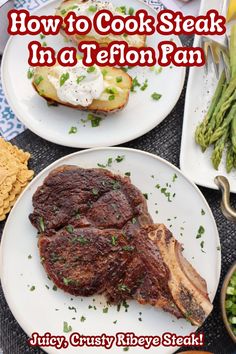 pan seared ribeye steak cooked in a teflon pan with baked potato w/sour cream and scallions and asparagus on the side Medium Rare Steak, Bone In Ribeye, Cook Steak, Rare Steak, Steak Butter, Ribeye Steak, How To Cook Steak, Just Cooking