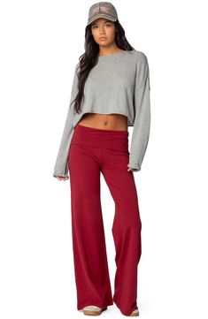 A foldover waistband furthers the laid-back vibes of these soft and stretchy wide-leg pants that are perfect for weekend wear. Pull-on style 95% cotton, 5% spandex Machine wash, dry flat Imported Cute Pants For School, Brandy Pants, Ballerina Off Duty, Fold Over Pants, Foldover Leggings, Fold Over Leggings, Looking Put Together, Wide Leg Yoga Pants, Yoga Pants Outfit Aesthetic