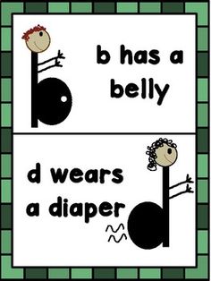 two posters with the words b has a belly and d wears a diaper