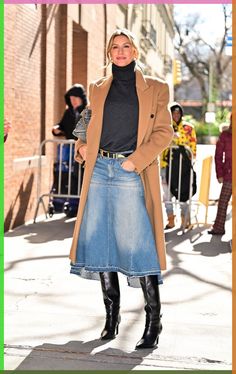 Fall Outfits 2025 Trends, Fall Skirts 2024, Jeans Skirt Long Outfit, Aline Denim Skirt Outfits, Jean Skirt Styling, Denim Skirts Long, Flared Denim Skirt Outfit, Black Jean Skirt Outfit Winter, Denim Dress Winter Outfit