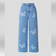 Girls Shein Butterfly Wide Leg Jeans. Never Worn. No Tags. Baggy Jeans Butterfly, Baggy Butterfly Jeans Outfit, Wide Leg Butterfly Jeans, Butterfly Themed Clothes, Cute Jeans For School, Cottagecore Bottoms, Butterfly Jeans Outfit, Butterfly Trousers, Jeans With Butterflies