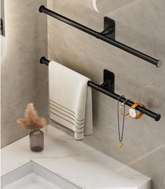 a bathroom with two black towel racks on the wall